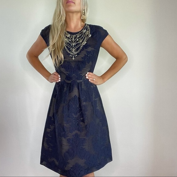 Lela Rose Navy Blue Jeweled Neck Full Skirt Dress - Picture 11 of 16